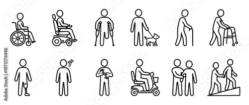 Disability and accessibility icons set featuring various people with different physical conditions and assistive devices for inclusive design.