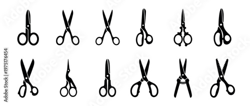 Collection of various scissors and shears icons in black silhouette style, representing different cutting tools for crafts, sewing, and gardening.