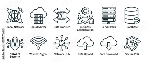 Network data server cloud security technology icons illustrating global connectivity, digital information transfer, and secure online operations for modern business infrastructure.