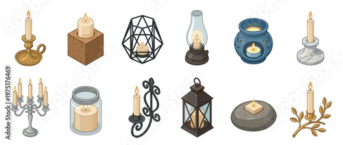 Collection of various burning candles, decorative candle holders, and lanterns in an isometric cartoon style.