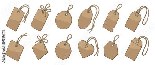Collection of various brown kraft paper tags with string, perfect for pricing, gifts, or product labeling.