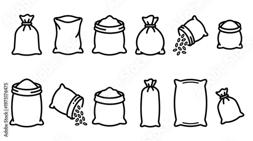 Grain sacks and flour bags vector icon set illustrating various types of storage for agricultural products and food ingredients.