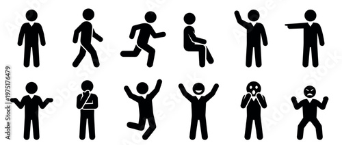 Stick figures illustrating various human actions, emotions, and poses, including standing, walking, running, sitting, and expressing feelings.