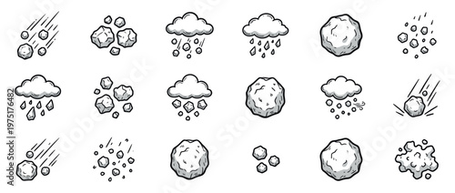 Cartoon style illustrations depicting various hail and rock formations, including falling hailstones, clouds raining ice, and scattered rocks.