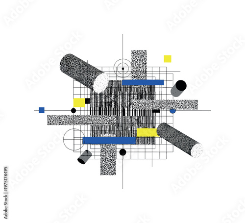broadcast noise with structured color geometry, black and white static pattern paired with grid lines and circular elements, floating rectangles and cylinders
