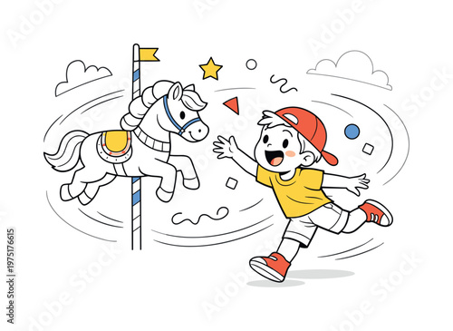 Kids carnival adventure. A cheerful child reaching toward a carousel horse, dynamic posture and joyful