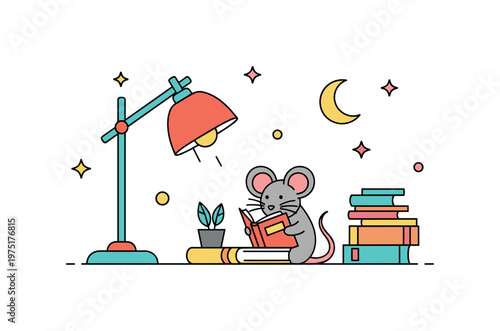 Gentle night routine a small mouse finishing a book beside a lamp with minimal decorative elements suggesting calm and order. The composition expresses comfort