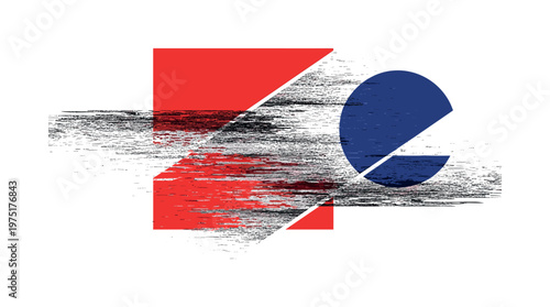 analog signal interference visualized as fragmented noise field, monochrome static texture mixed with bold red square and deep blue circle, sharp geometric