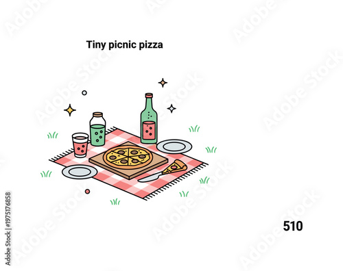 Tiny picnic pizza charming mini picnic scene with a small pizza on a blanket, drinks, tiny plates, and subtle sparkles enhancing the playful outdoor
