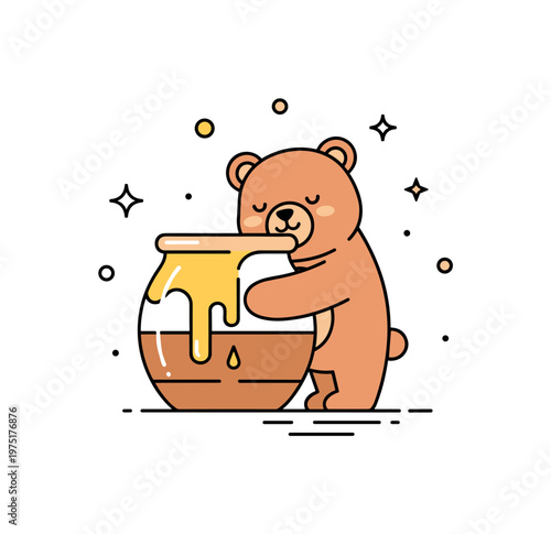 Cozy honey hug a cute bear wrapping its arms around a honey pot with soft drip shapes and balanced composition. The scene expresses warmth, safety, and gentle