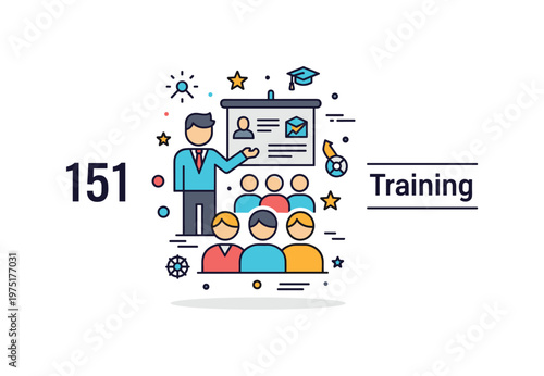 Business training badge with a presenter figure, audience icons, and subtle ?Training? label conveying education, teamwork, and professional advancement.