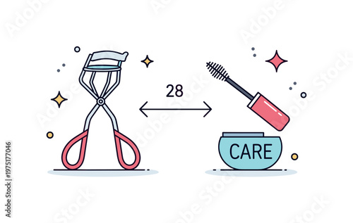 Beauty routine step scene showing a curler followed by mascara application with subtle arrows expressing sequence, care, and transformation. Minimalist flat