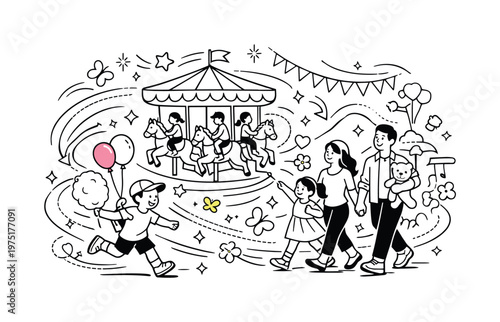 Spring Carnival Delight. Funfair in Bloom. Children running with cotton candy and balloons, carousel horses