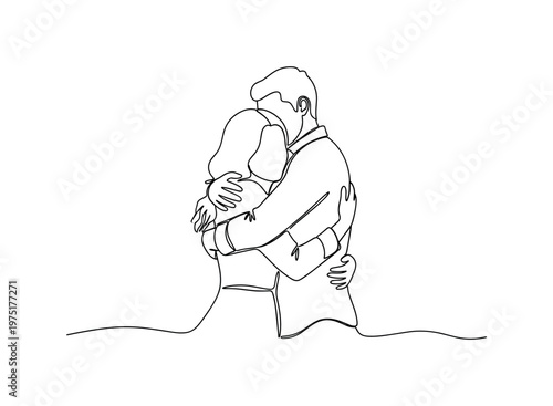 Loving Hold. Minimalistic one-line drawing a couple hugging firmly with smooth continuous lines, continuous single black line on white background, simple