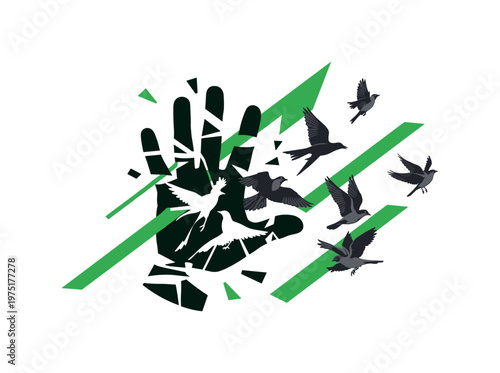 fragmented hand with birds emerging through gaps, green geometric shapes and sharp lines slicing through composition, flat colors and strong