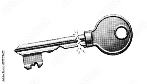 A broken antique key with rough edges and heavy grunge wear, shown alone with slight cropping, black and white halftone illustration, halftone dot texture with