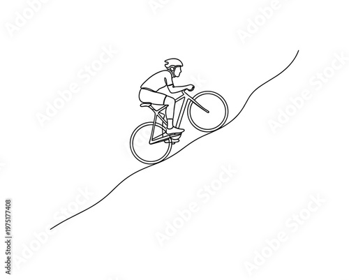 Uphill Effort. Minimalistic one-line drawing a cyclist climbing a steep hill with a forward-leaning posture, continuous single black line on white background,