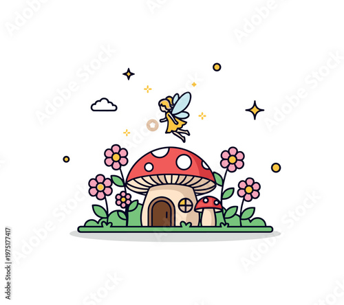 Fairy garden magic a tiny whimsical garden with a small glowing fairy hovering above a mushroom house surrounded by delicate flowers and soft sparkles. A