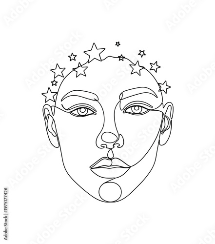 Celestial Beauty. Minimalistic one-line drawing a human face with delicate stars accenting the eyes and hairline, continuous single black line on white