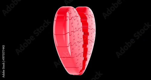 Broken puzzle heart halves, rotation animation seamlessly loopable. 3D rendering isolated on transparent background