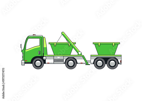Cantilever skip truck with trailer. Side view. Vector.