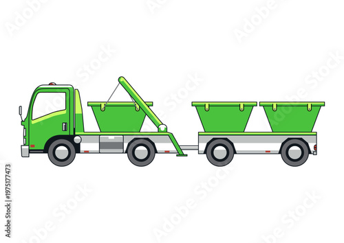 Cantilever skip truck with trailer. Side view. Vector.
