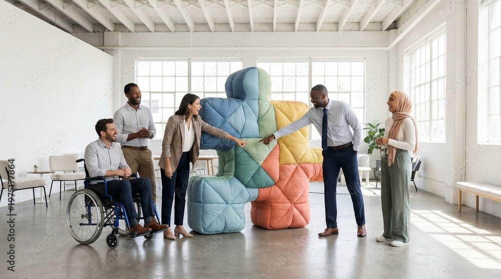 Fototapeta premium Corporate team solving complex problem with large abstract puzzle piece