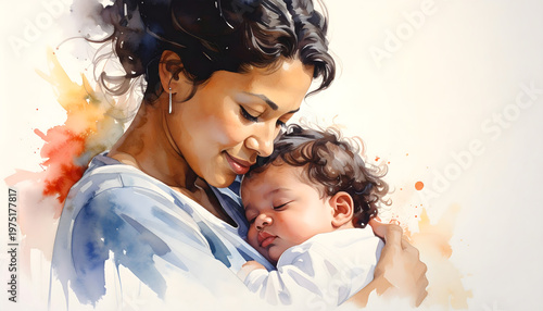 A heartfelt watercolor portrait of a mother gently holding her sleeping baby, blending splashes of color with soft emotion. A touching depiction of love, care, and the quiet beauty of motherhood.
