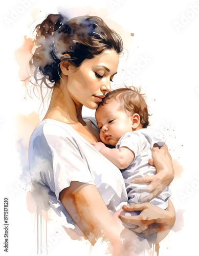 A heartfelt watercolor portrait of a mother gently holding her sleeping baby, blending splashes of color with soft emotion. A touching depiction of love, care, and the quiet beauty of motherhood.