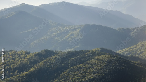 Layered mountain ridges covered in green forest fading into soft morning haze and sunbeams on Ceahlău Massif, Romania.
