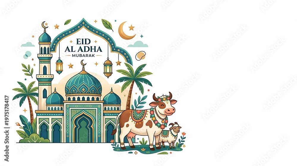 Fototapeta premium Eid al adha greeting with mosque cow and sheep illustration on white