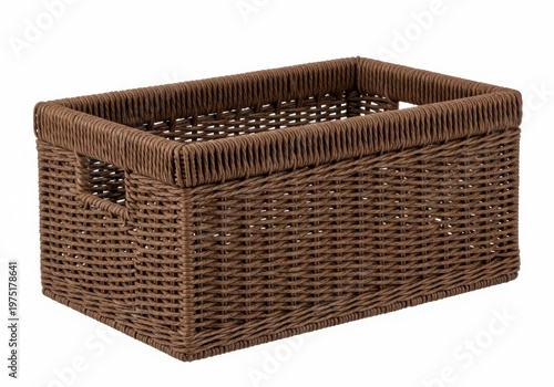 Empty rectangular woven storage basket made of brown synthetic wicker material isolated on white background