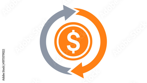 Business incubator vector icon illustration featuring a dollar sign coin with circular arrows representing cash flow, investment cycle, financial exchange, and startup growth in blue and orange.