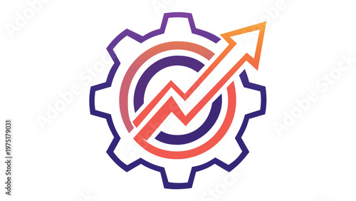 Scalable vector icon illustration featuring a gear and rising arrow graph, symbolizing disruptive technology, business growth, industrial efficiency, innovation, and startup success in flat style.