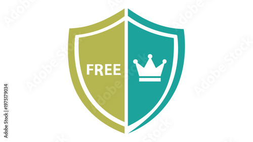 Minimalist business incubator vector icon illustration of a shield with 'FREE' text and a crown symbol, representing startup support, protection, premium services, and growth opportunities.