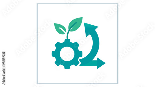 Seed funding and startup growth vector icon illustration featuring a green gear with a sprouting plant and circular arrows, symbolizing sustainable business development, innovation, and investment.