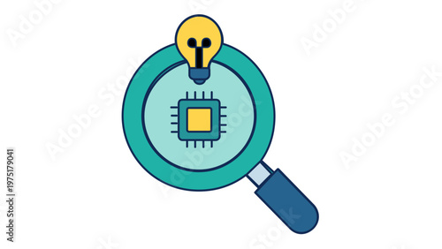 Startup business idea vector icon illustration featuring a magnifying glass focusing on a microchip with a lightbulb, symbolizing innovation, technology research, and creative digital solutions.