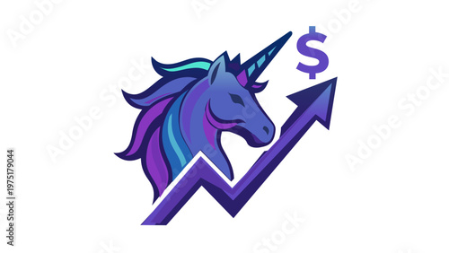 Unicorn startup business vector icon illustration featuring a mythical creature head with a rising financial growth arrow and dollar sign symbol, representing high valuation and market success.