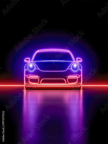 Vibrant neon light illustration of a sleek sports car front view glowing with purple and red hues against a dark reflective surface background for dynamic effect