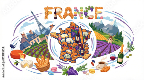 France map illustration with food landmarks and cultural symbols