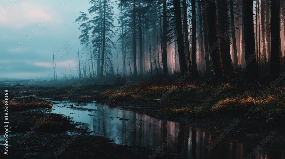 Fototapeta premium Misty forest with a reflective stream and tall, dark trees at dawn