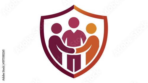 Scalable vector illustration of a board of directors icon with three people figures inside a shield, representing leadership skills, teamwork, community, and unity in a flat minimalist style.