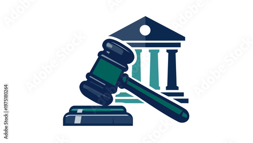 Professional Vector Icon Illustration of a Judge's Gavel and Courthouse Building Representing Law, Justice, Authority, and Board of Directors Leadership Skills in a Flat Minimalist Design.
