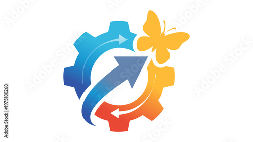 Leadership succession and business transformation vector illustration featuring a gear with motion arrows and a butterfly, symbolizing growth, career development, and strategic change.