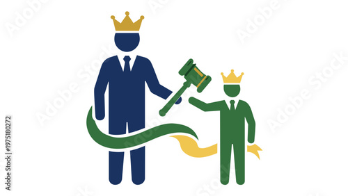 Professional vector illustration of a mentor passing a gavel to a successor, symbolizing leadership succession, change management, and business mentorship in a flat minimalist icon style.