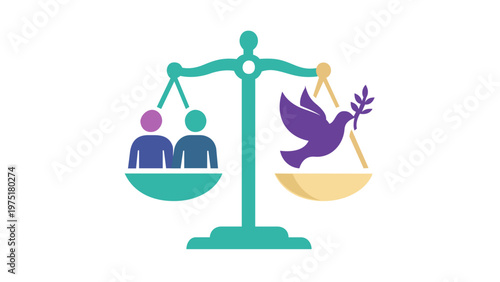 Scalable vector icon of a balance scale with people and a peace dove, symbolizing ethical leadership, corporate social responsibility, justice, harmony, and executive management skills.