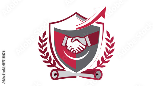 Business leadership and delegation vector icon illustration with handshake, shield, laurel wreath, and growth arrow, representing partnership, trust, professional success, and teamwork.
