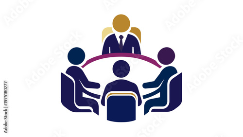 Professional vector icon illustration of a board of directors meeting with four people sitting around a round table, symbolizing leadership, corporate management, teamwork, and business strategy.