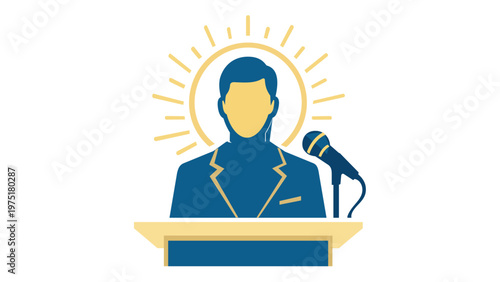 Professional vector icon illustration of a visionary leader in a blue suit at a podium with a microphone, featuring a golden halo sunburst symbolizing authority, guidance, and public speaking.