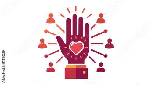 AI-generated vector icon illustration of a hand with a heart, symbolizing compassionate leadership, team guidance, and social support. Flat minimalist design for business, HR, and community.